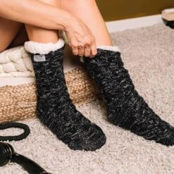 Cozy Sole Women's Cable Knit Slipper Socks Black -Fashion shoes cable knit slipper sock with fleck dye yarn 2