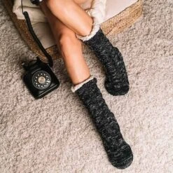 Cozy Sole Women's Cable Knit Slipper Socks Black -Fashion shoes cable knit slipper sock with fleck dye yarn