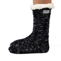Cozy Sole Women's Cable Knit Slipper Socks Black -Fashion shoes cable knit slipper sock with fleck dye yarn 5