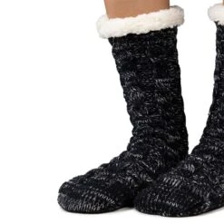 Cozy Sole Women's Cable Knit Slipper Socks Black -Fashion shoes cable knit slipper sock with fleck dye yarn 7