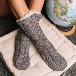 Cozy Sole Women's Cable Knit Slipper Socks Grey -Fashion shoes long grey 2