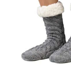 Cozy Sole Women's Cable Knit Slipper Socks Grey -Fashion shoes long grey 8